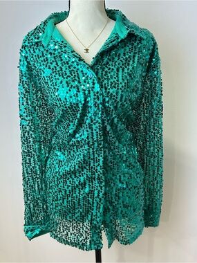 NWOT NY Collection Teal Sequin Button-Down Shirt